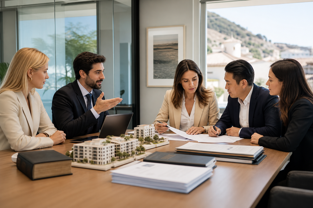 Business team discussing property plans around architectural models in a meeting room